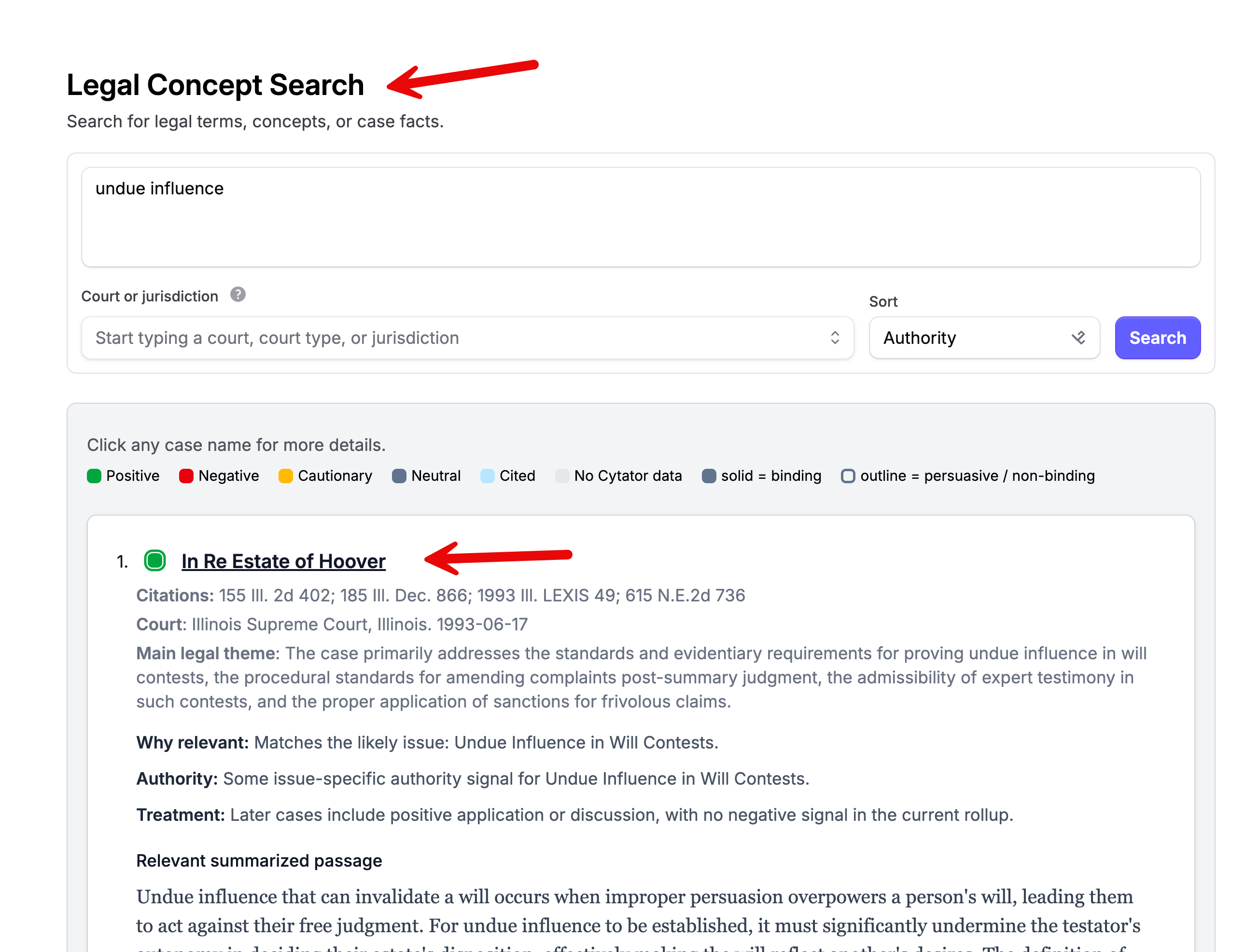 Concept Search results showing a case name link to open case details.