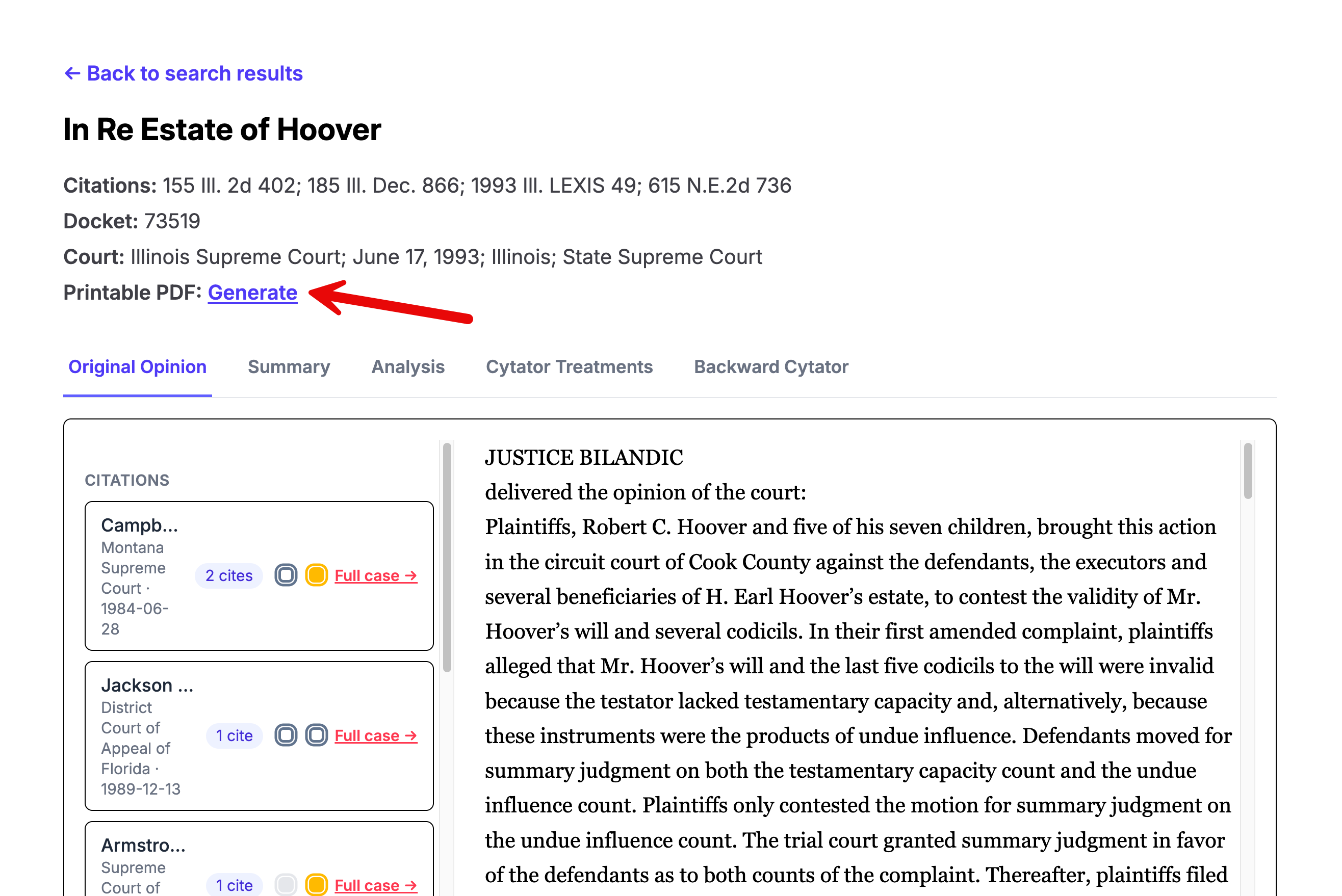 Case details page showing the Printable PDF Generate link.