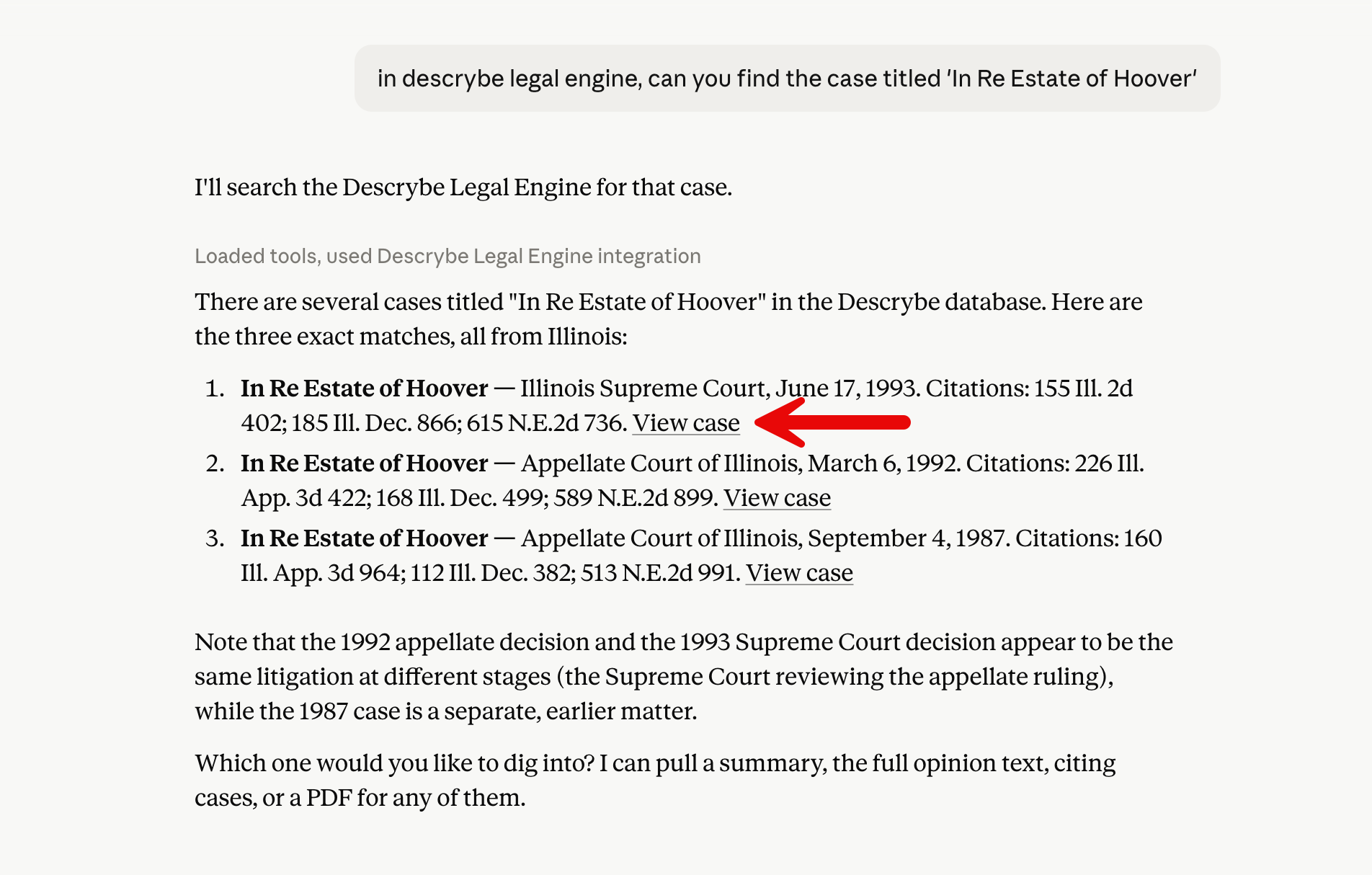 Claude response showing Descrybe case results with View case links.