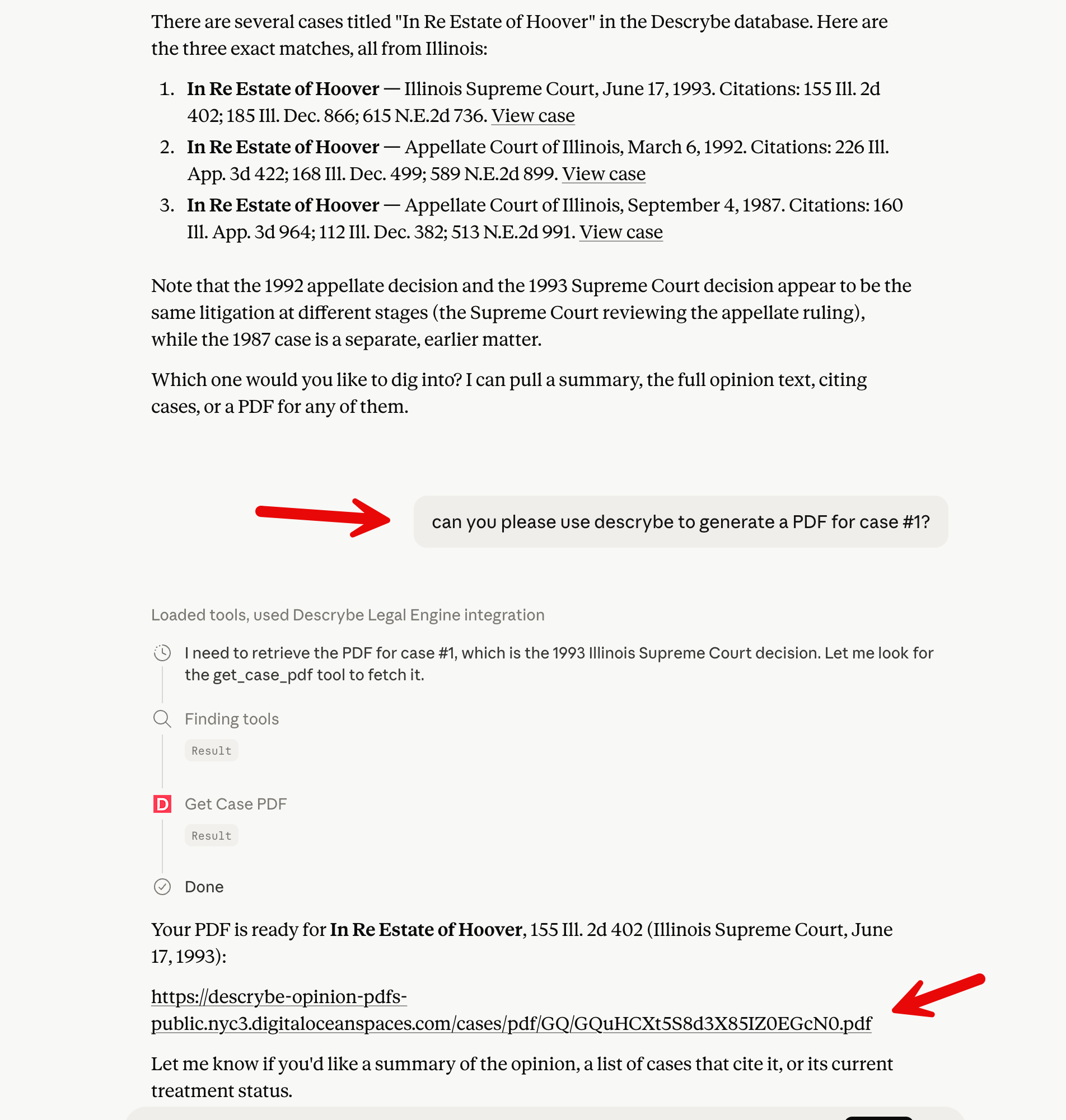 Claude using Descrybe Legal Engine to generate a case PDF and return the PDF link.